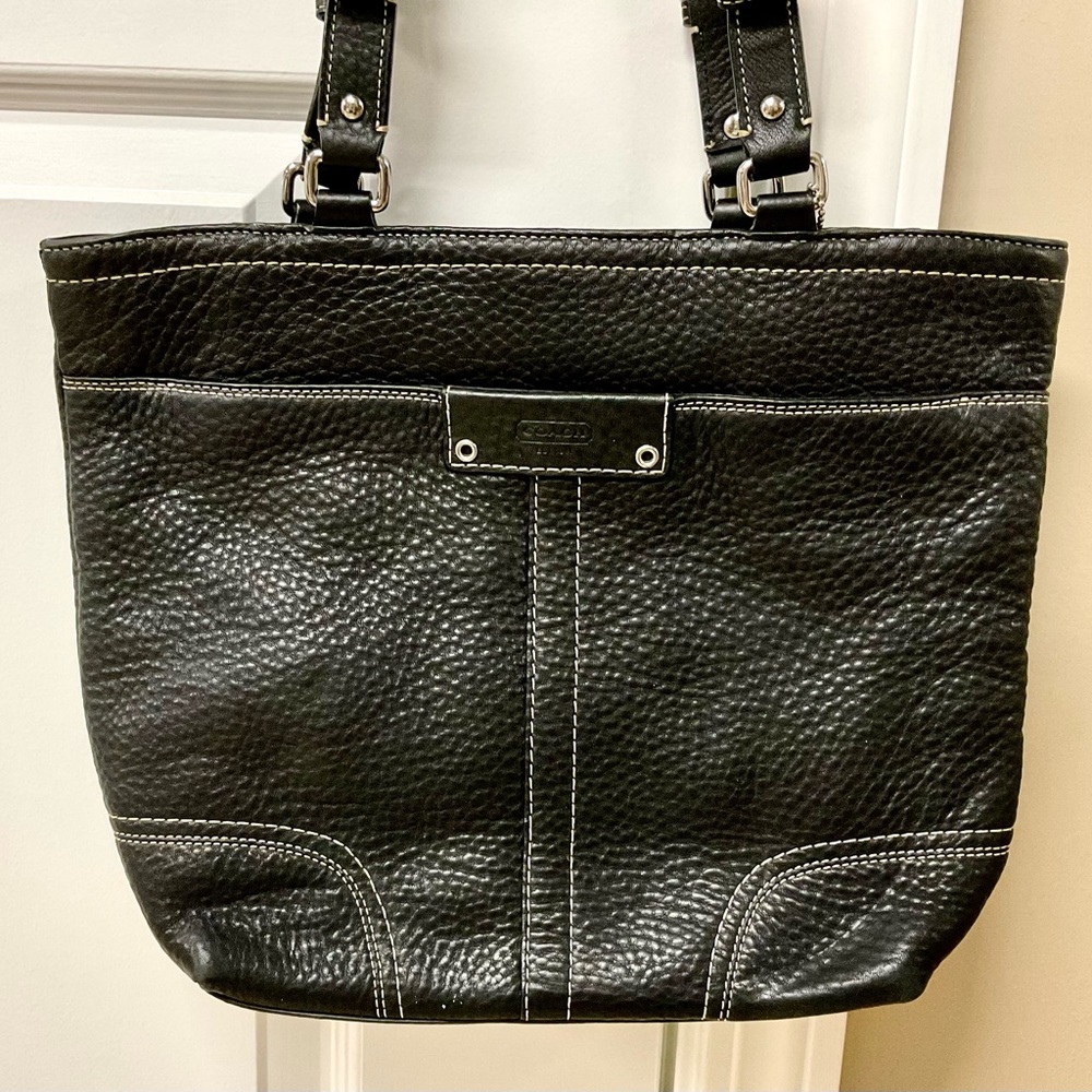 Coach Black Pebbled Leather Shoulder Tote with White Stitching